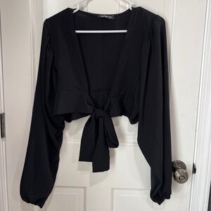 Boohoo Black Front Tie Blouse